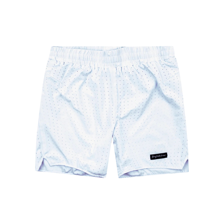 A pair of white no-gi shorts with a subtle textured pattern, featuring a secure drawstring waistband and vented hemlines.