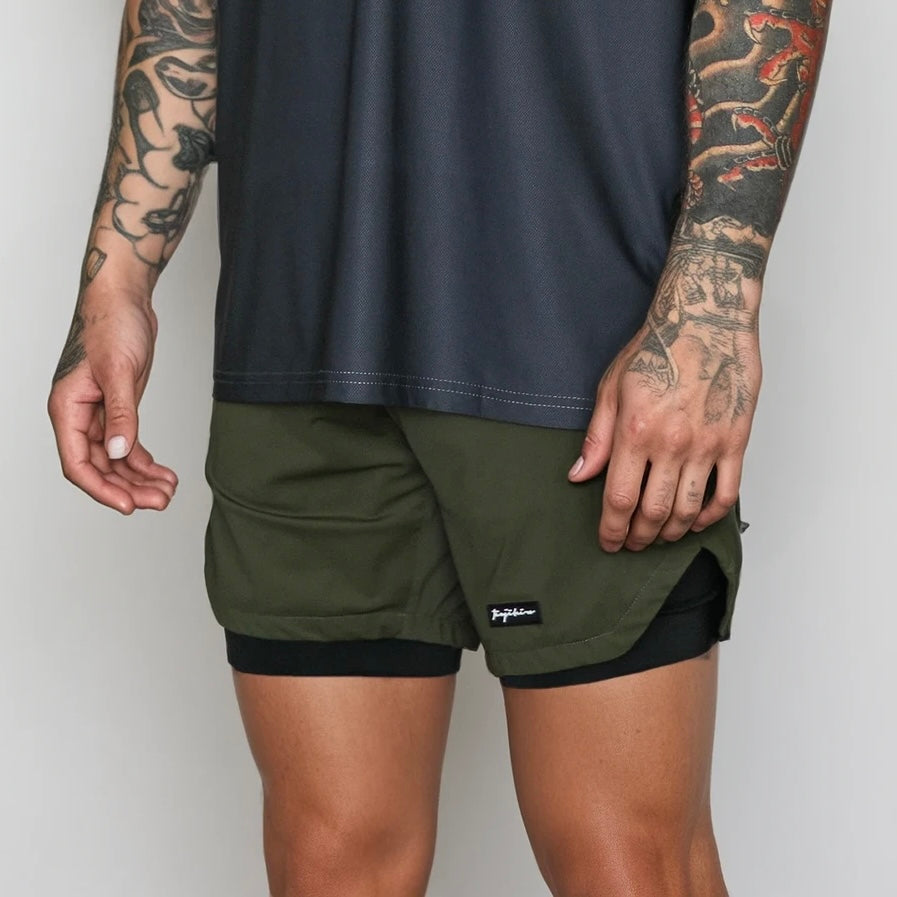 Jiujiteiro Pro 2-in-1 Liner Shorts Olive, off-mat training view